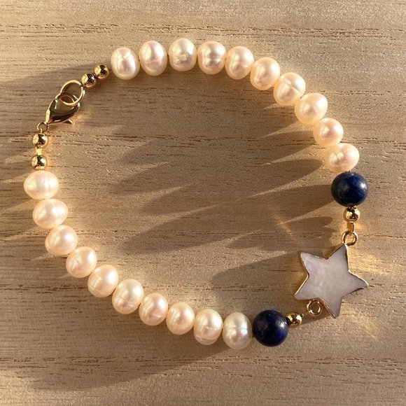 Bracelet Pearl with Blue Lapis and Mother Pearl Star, Plus Size 8 inch - Picture 2 of 2